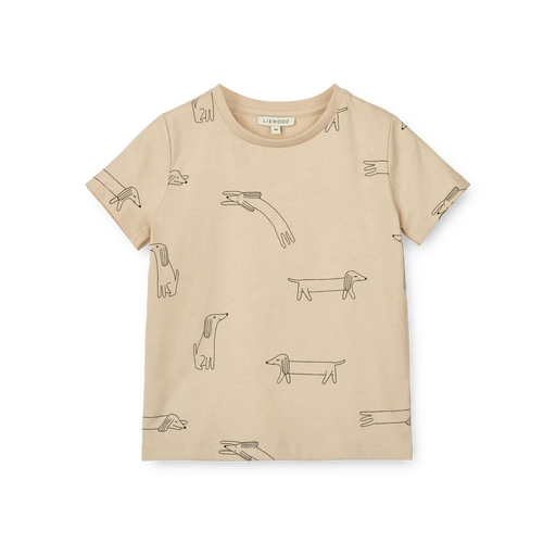 Product image of Apia baby tee shirt with cream background and wiener dog illustrations 