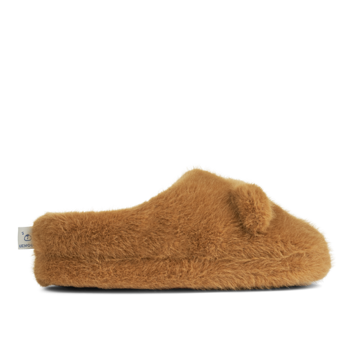 Fuzzy brown bear slippers side view 
