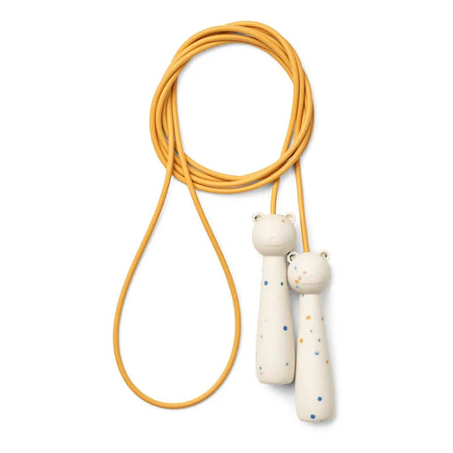 Orange silicone skipping rope with beige speckled handles featuring a teddy bear face