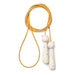 Orange silicone skipping rope with beige speckled handles featuring a teddy bear face