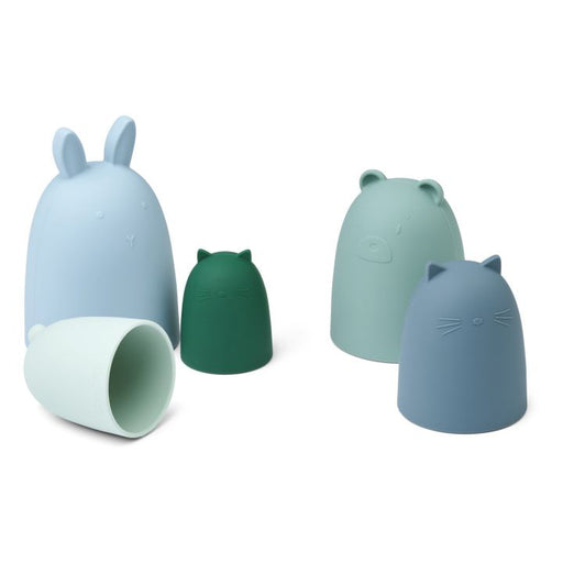 Anneli silicone stacking toy unstacked in blue and green colors with animal ears and faces